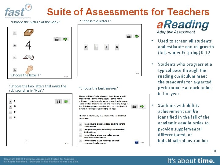 Suite of Assessments for Teachers “Choose the picture of the book. ” “Choose the