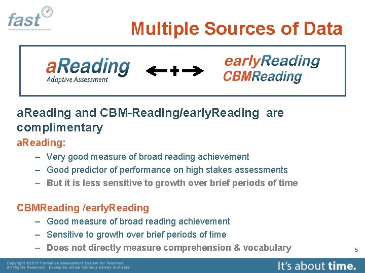 Multiple Sources of Data a. Reading and CBM-Reading/early. Reading are complimentary a. Reading: –