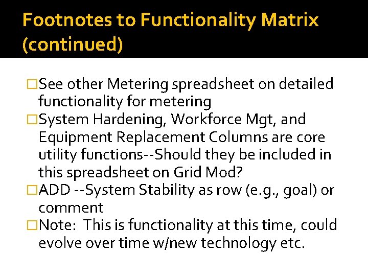 Footnotes to Functionality Matrix (continued) �See other Metering spreadsheet on detailed functionality for metering