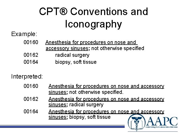 CPT® Conventions and Iconography Example: 00160 00162 00164 Anesthesia for procedures on nose and