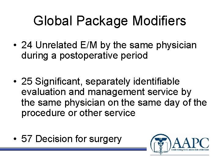 Global Package Modifiers • 24 Unrelated E/M by the same physician during a postoperative