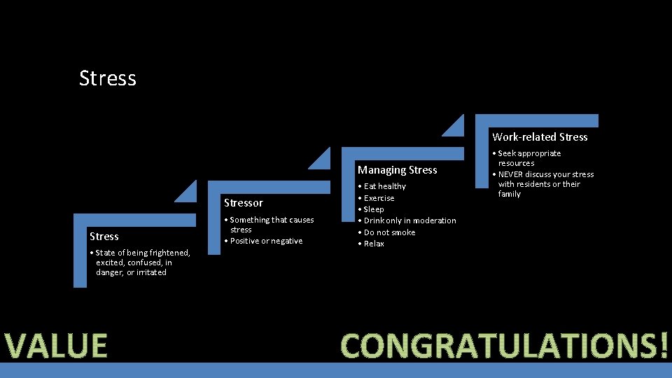 Stress Work-related Stress Managing Stressor Stress • State of being frightened, excited, confused, in