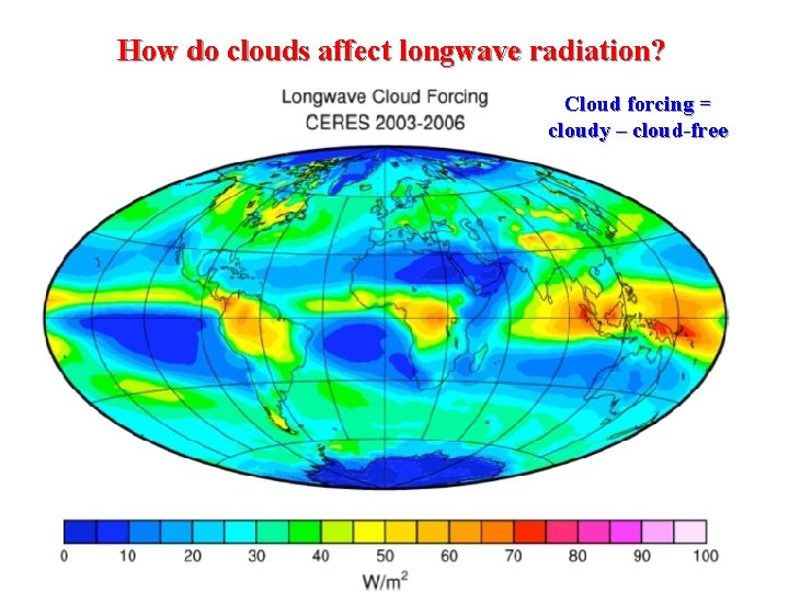 How do clouds affect longwave radiation? Cloud forcing = cloudy – cloud-free 