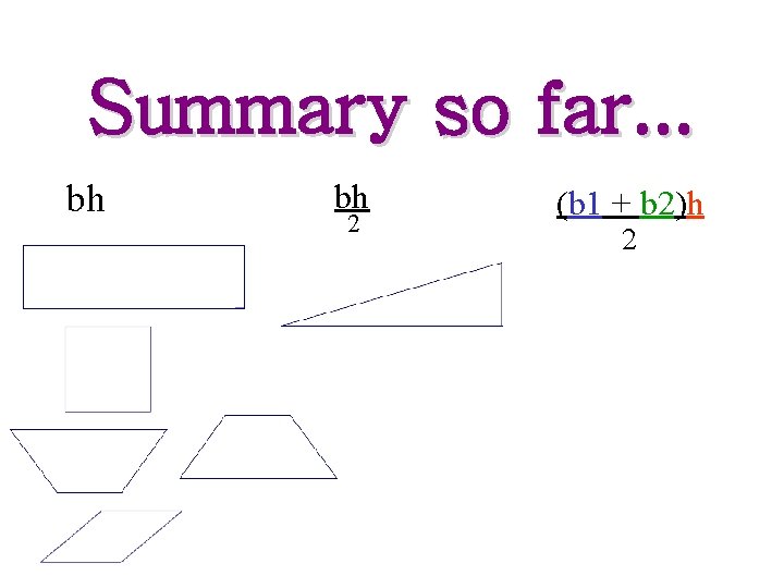 Summary so far. . . bh bh 2 (b 1 + b 2)h 2
