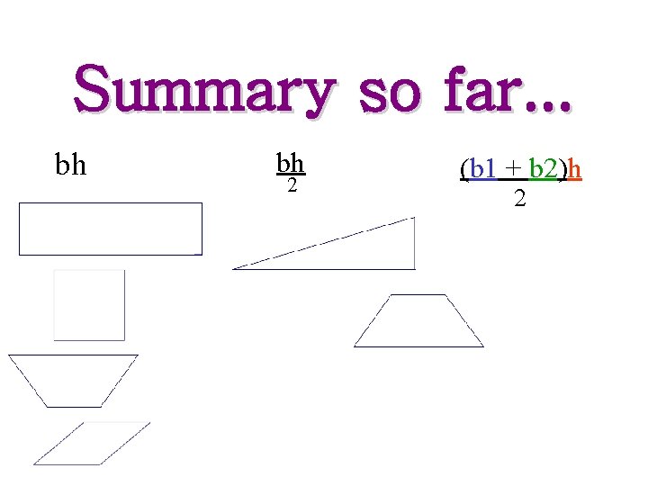 Summary so far. . . bh bh 2 (b 1 + b 2)h 2