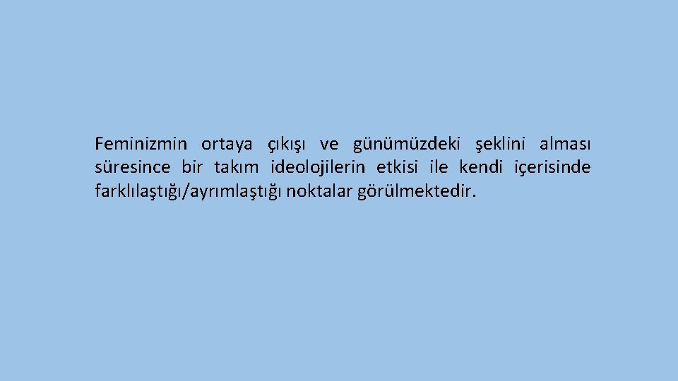 Feminizmin ortaya çıkışı ve günümüzdeki şeklini alması süresince bir takım ideolojilerin etkisi ile kendi