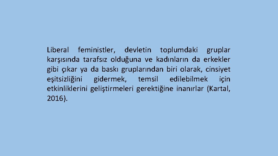 Liberal feministler, devletin toplumdaki gruplar karşısında tarafsız olduğuna ve kadınların da erkekler gibi çıkar