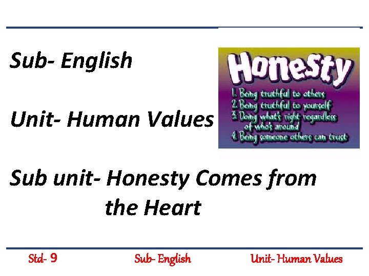Sub- English Unit- Human Values Sub unit- Honesty Comes from the Heart Std- 9
