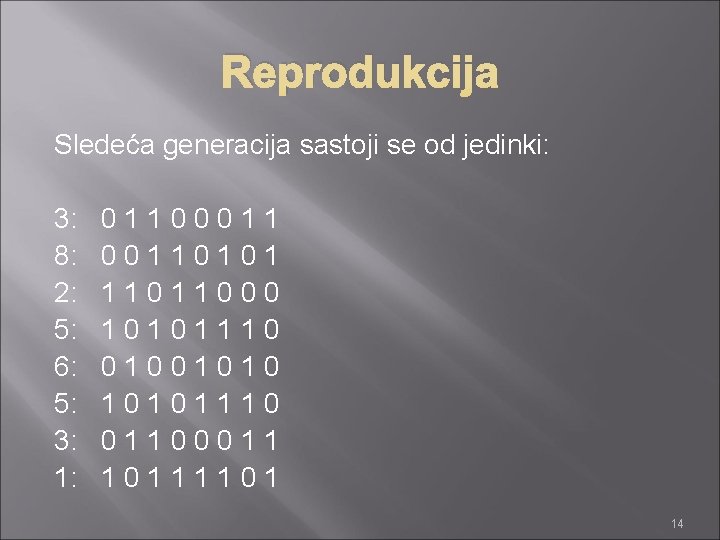 Reprodukcija Sledeća generacija sastoji se od jedinki: 3: 8: 2: 5: 6: 5: 3: