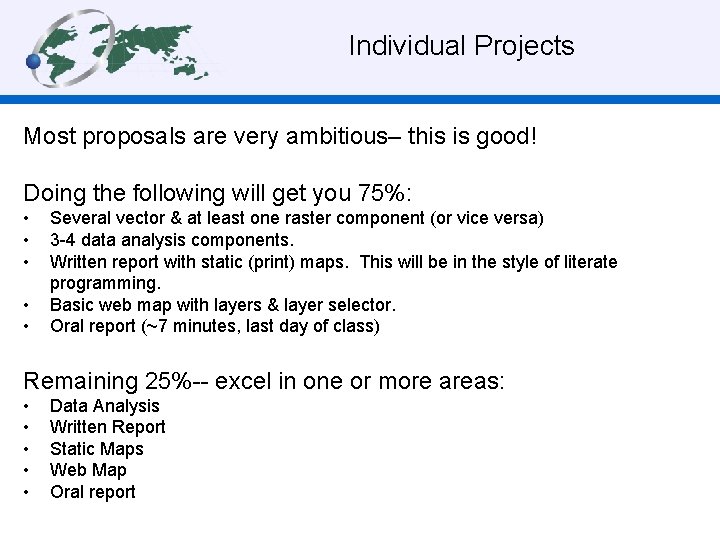 Individual Projects Most proposals are very ambitious– this is good! Doing the following will