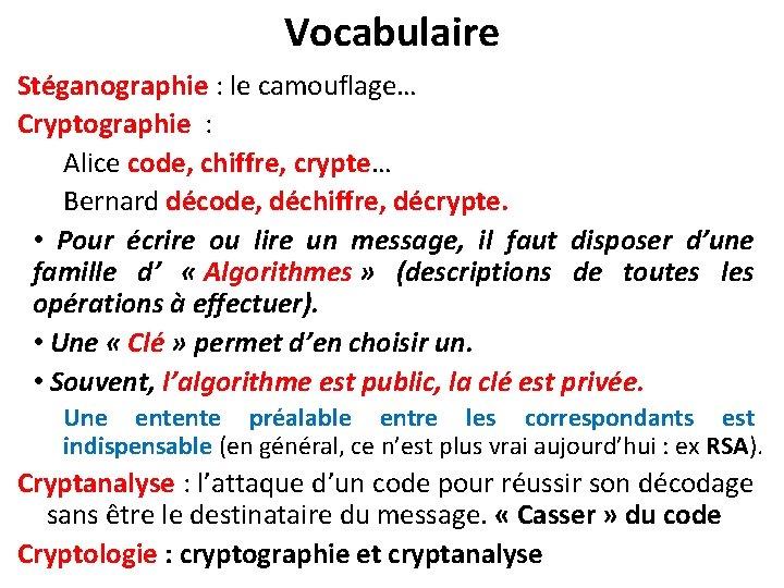 Vocabulaire Stéganographie : le camouflage… Cryptographie : Alice code, chiffre, crypte… Bernard décode, déchiffre,