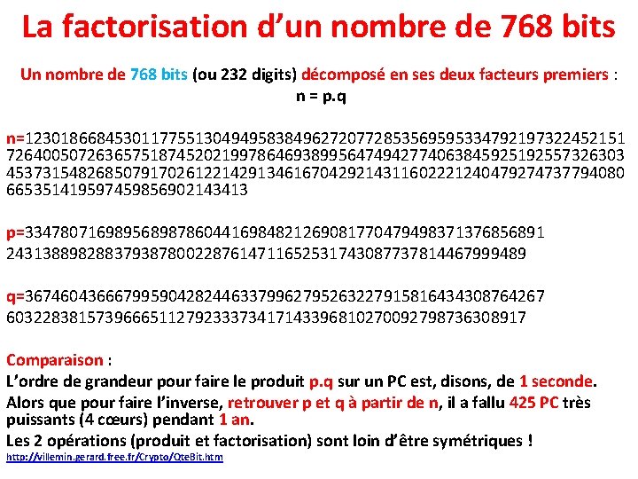 La factorisation d’un nombre de 768 bits Un nombre de 768 bits (ou 232