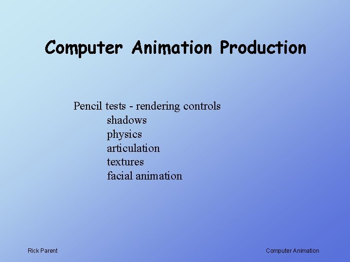 Computer Animation Production Pencil tests - rendering controls shadows physics articulation textures facial animation