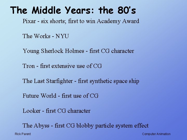 The Middle Years: the 80’s Pixar - six shorts; first to win Academy Award