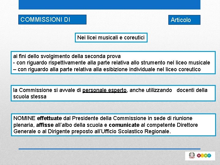 COMMISSIONI DI ESAME Articolo 10 Nei licei musicali e coreutici ai fini dello svolgimento