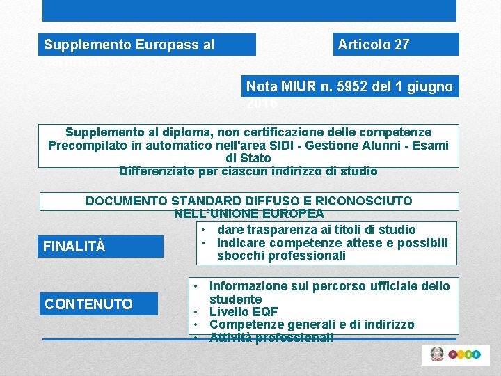 Supplemento Europass al certificato Articolo 27 Nota MIUR n. 5952 del 1 giugno 2016