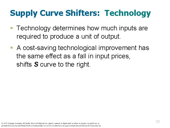 Supply Curve Shifters: Technology § Technology determines how much inputs are required to produce