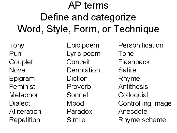 AP terms Define and categorize Word, Style, Form, or Technique Irony Pun Couplet Novel