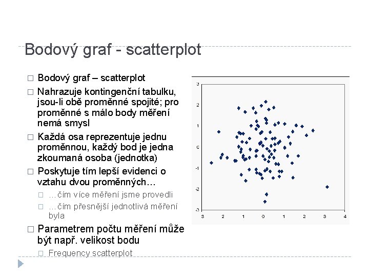 Bodový graf - scatterplot � � Bodový graf – scatterplot Nahrazuje kontingenční tabulku, jsou-li
