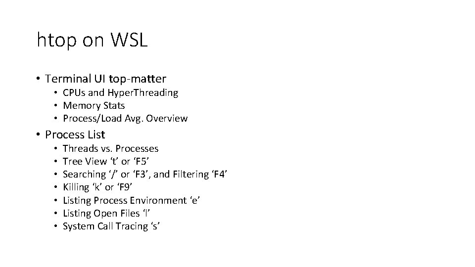 htop on WSL • Terminal UI top-matter • CPUs and Hyper. Threading • Memory