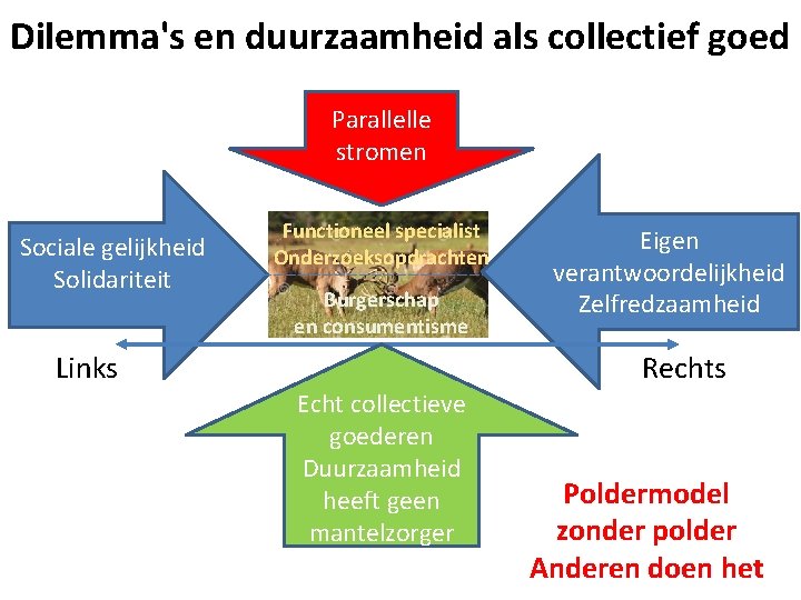 Dilemma's en duurzaamheid als collectief goed Parallelle stromen Sociale gelijkheid Solidariteit Functioneel specialist Onderzoeksopdrachten