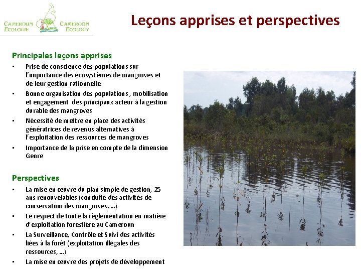 Leçons apprises et perspectives Principales leçons apprises • • Prise de conscience des populations