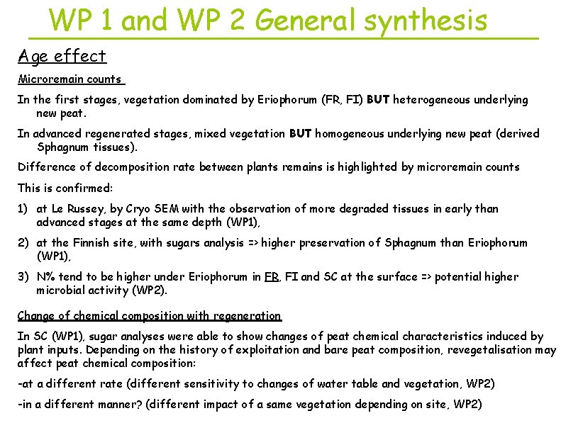 WP 1 and WP 2 General synthesis Age effect Microremain counts In the first