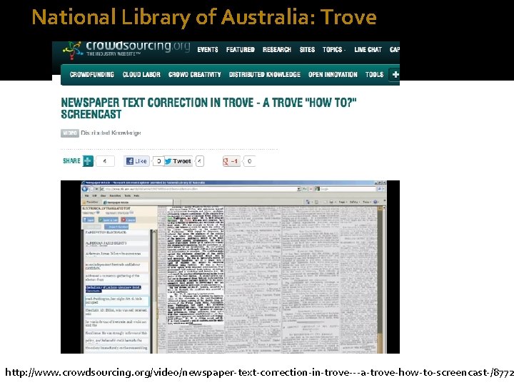 National Library of Australia: Trove http: //www. crowdsourcing. org/video/newspaper-text-correction-in-trove---a-trove-how-to-screencast-/8772 
