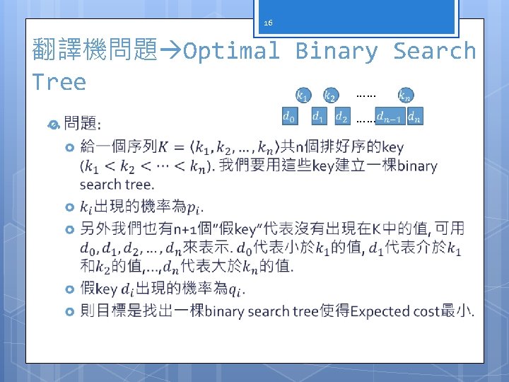 16 翻譯機問題 Optimal Binary Search Tree …… 