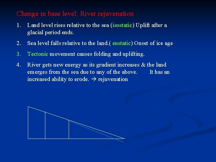 Change in base level: River rejuvenation 1. Land level rises relative to the sea