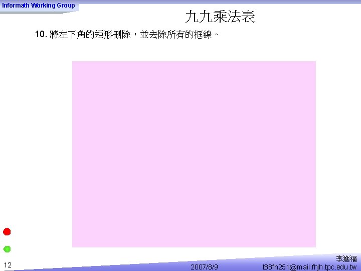 Informath Working Group 九九乘法表 10. 將左下角的矩形刪除，並去除所有的框線。 12 2007/8/9 李進福 t 88 fh 251@mail. fhjh.