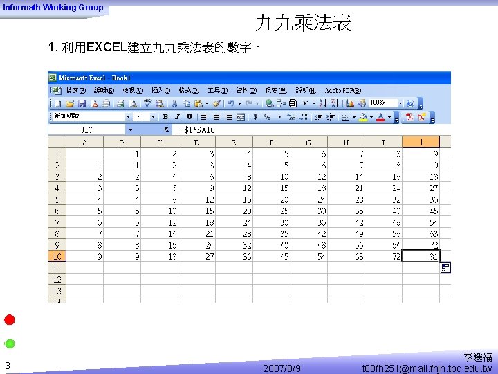 Informath Working Group 九九乘法表 1. 利用EXCEL建立九九乘法表的數字。 3 2007/8/9 李進福 t 88 fh 251@mail. fhjh.