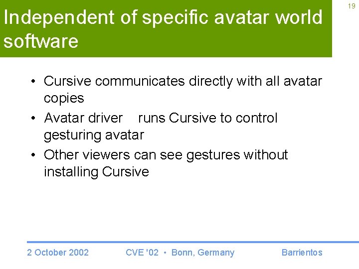 Independent of specific avatar world software • Cursive communicates directly with all avatar copies