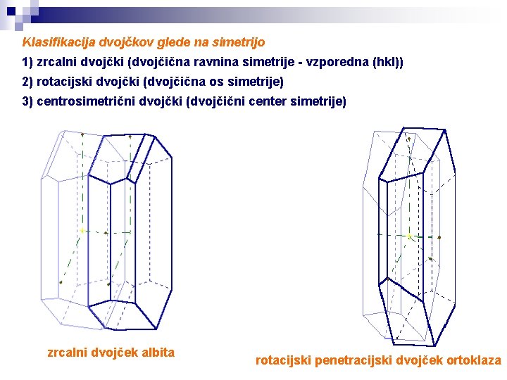 Klasifikacija dvojčkov glede na simetrijo 1) zrcalni dvojčki (dvojčična ravnina simetrije - vzporedna (hkl))