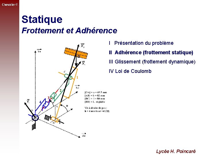 Chevalier F. Statique Frottement et Adhérence I Présentation du problème D II Adhérence (frottement
