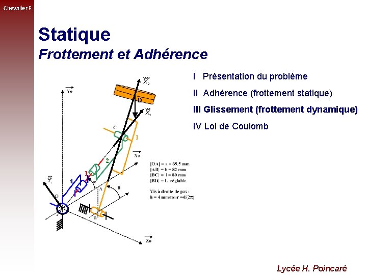 Chevalier F. Statique Frottement et Adhérence I Présentation du problème D II Adhérence (frottement