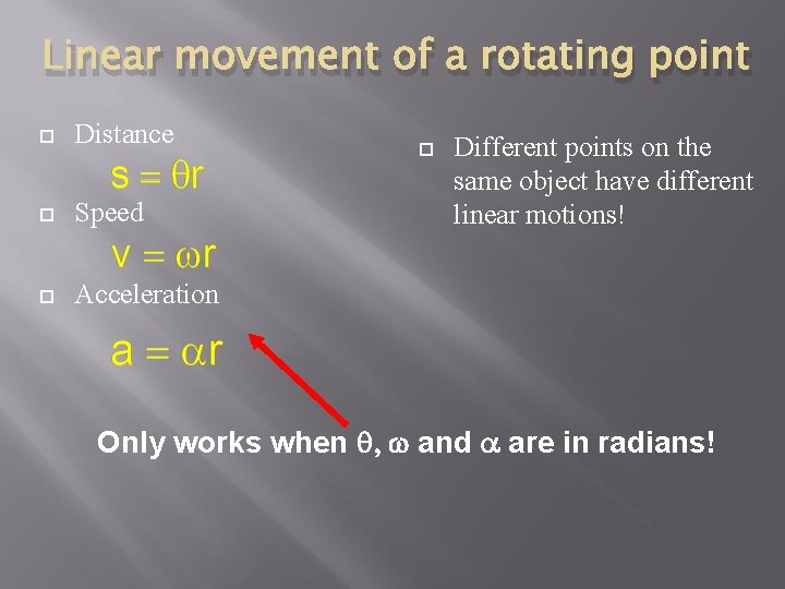 Linear movement of a rotating point Distance Speed Acceleration Different points on the same