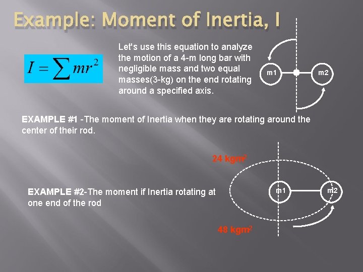 Example: Moment of Inertia, I Let's use this equation to analyze the motion of