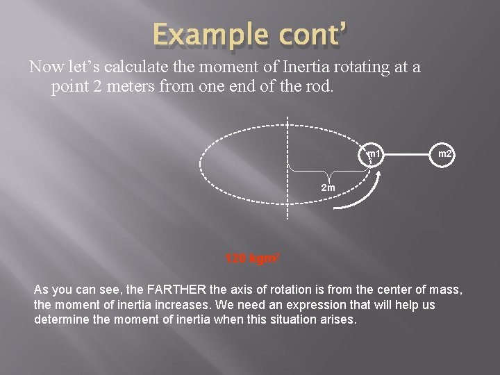 Example cont’ Now let’s calculate the moment of Inertia rotating at a point 2