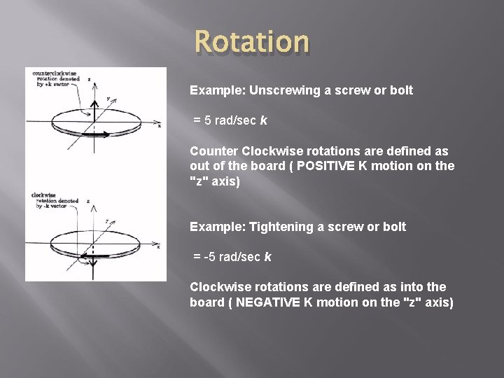 Rotation Example: Unscrewing a screw or bolt = 5 rad/sec k Counter Clockwise rotations