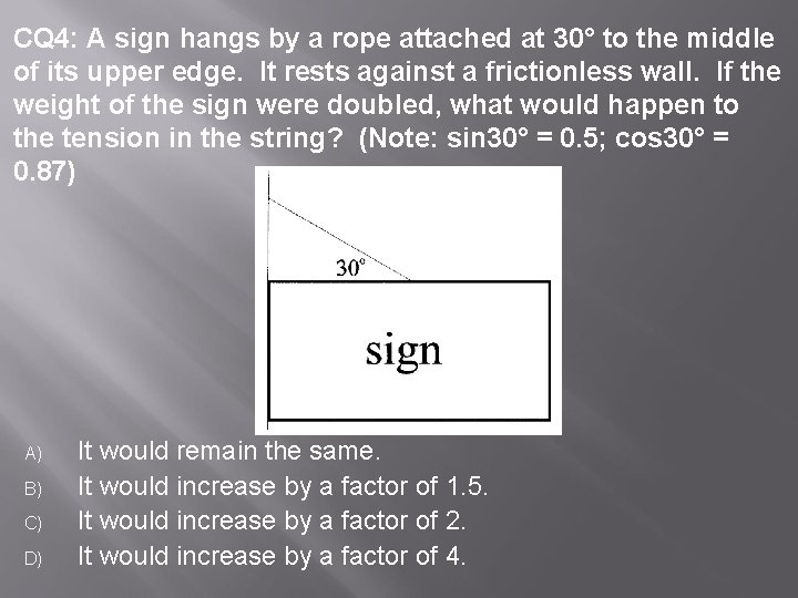 CQ 4: A sign hangs by a rope attached at 30° to the middle