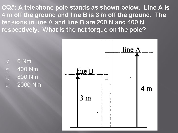 CQ 5: A telephone pole stands as shown below. Line A is 4 m