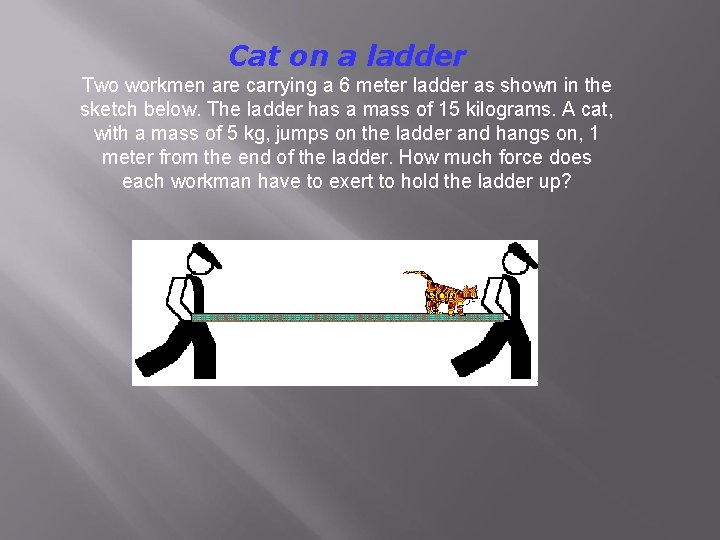 Cat on a ladder Two workmen are carrying a 6 meter ladder as shown