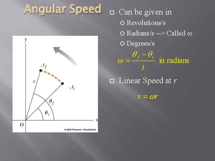Angular Speed Can be given in Revolutions/s Radians/s --> Called w Degrees/s Linear Speed