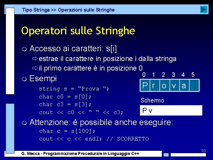 Tipo Stringa >> Operazioni sulle Stringhe Operatori sulle Stringhe m Accesso ai caratteri: s[i]