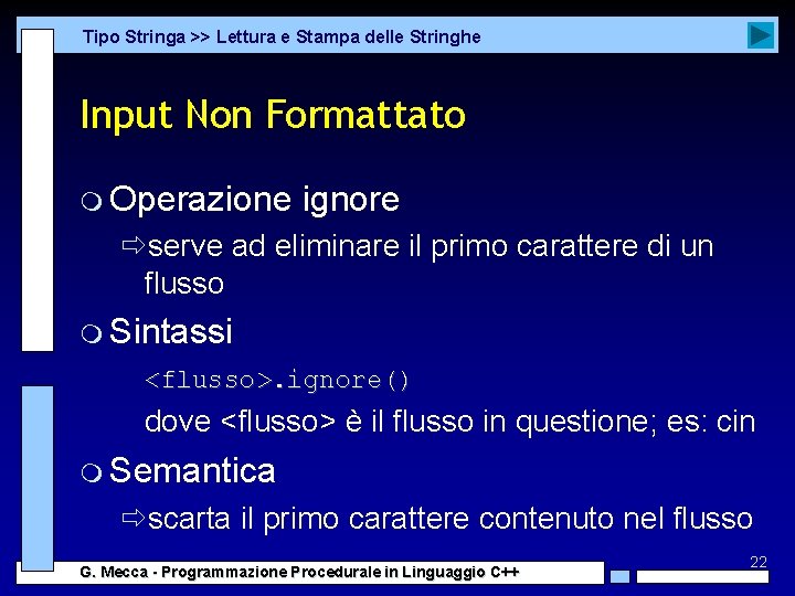 Tipo Stringa >> Lettura e Stampa delle Stringhe Input Non Formattato m Operazione ignore