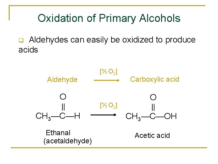 Oxidation of Primary Alcohols Aldehydes can easily be oxidized to produce acids q Aldehyde