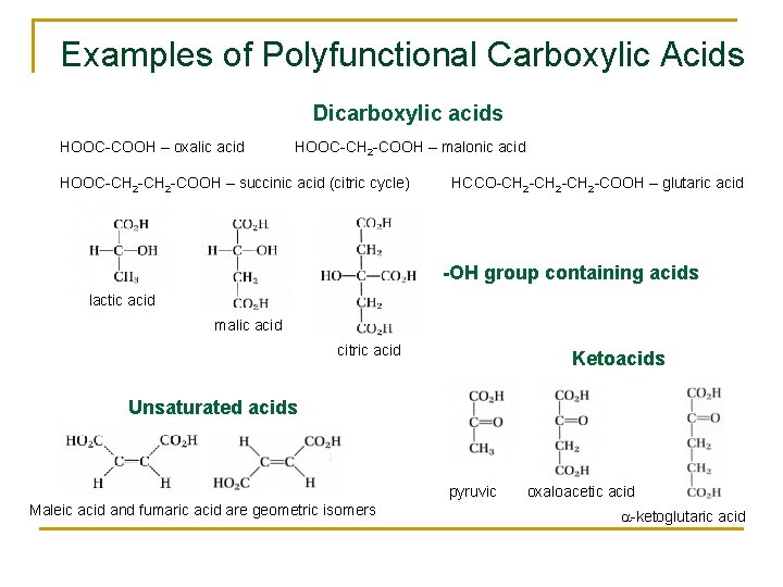 Examples of Polyfunctional Carboxylic Acids Dicarboxylic acids HOOC-COOH – oxalic acid HOOC-CH 2 -COOH