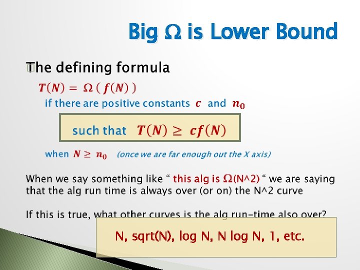 Big W is Lower Bound � N, sqrt(N), log N, N log N, 1,