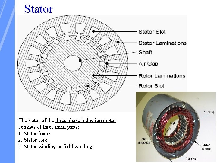 Stator The stator of the three phase induction motor consists of three main parts: